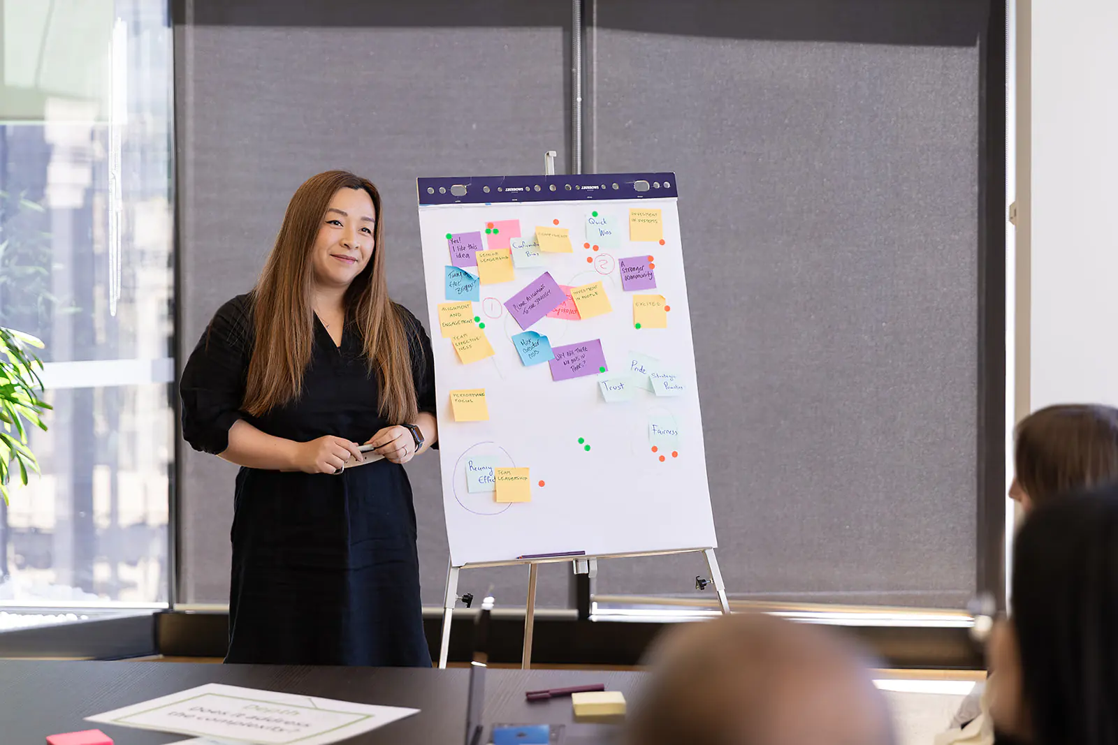 Woman in a black dress presents beside an easel with a whiteboard covered in colorful sticky notes during a brainstorming session at a meeting room.