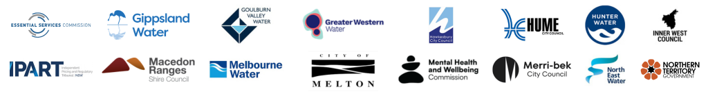 Collage of Australian water authorities and local councils, including Gippsland Water, Melbourne Water, Macedon Ranges Shire Council, City of Melton, Merri-Bek City Council, North East Water, Northern Territory Government, and other logos.