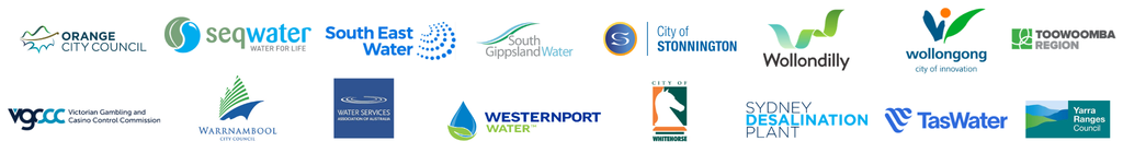 Collage of logos for Australian water authorities and councils (e.g., Orange City Council, Seqwater, South East Water, TasWater, Westernport Water) showing partner organizations.